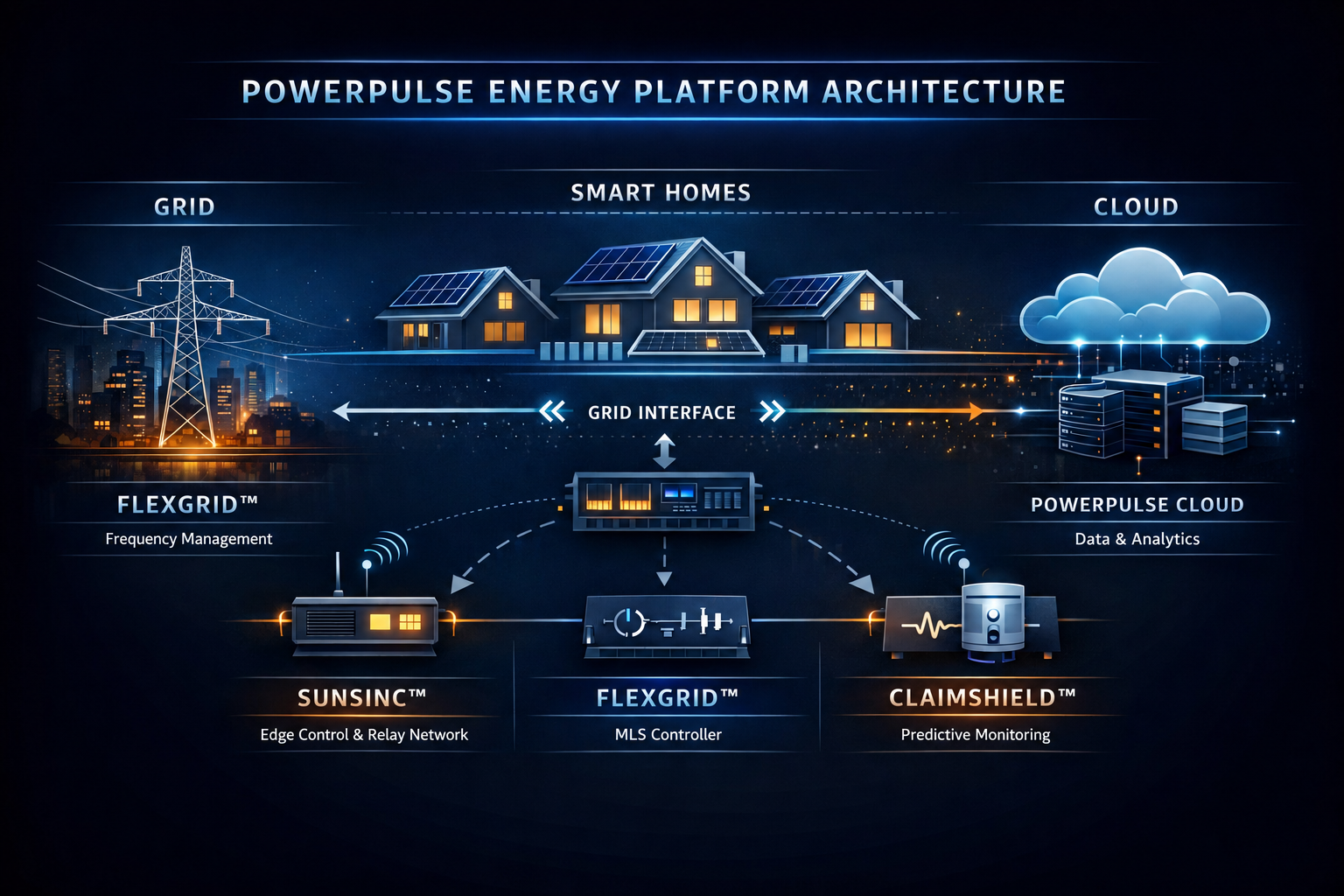 PowerPulse Energy Platform architecture connecting the grid, smart homes and PowerPulse Cloud with FlexGrid, SunSinc and ClaimShield.