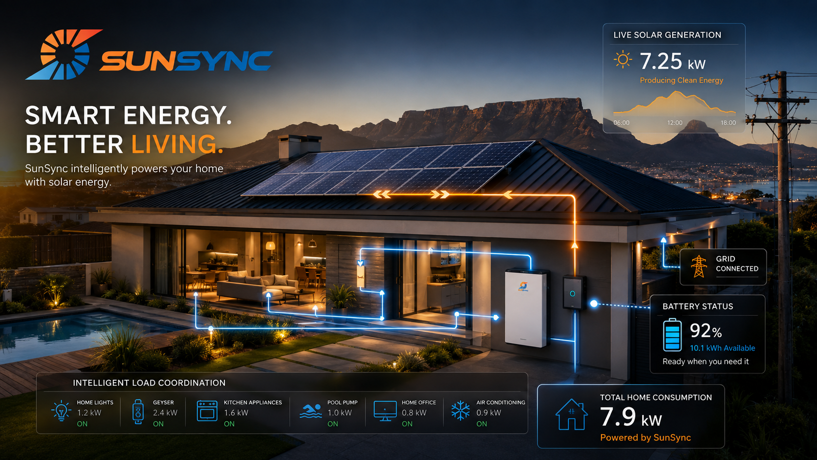 Illustrative SunSinc home-energy system coordinating solar generation, battery storage, grid supply and controllable household loads.